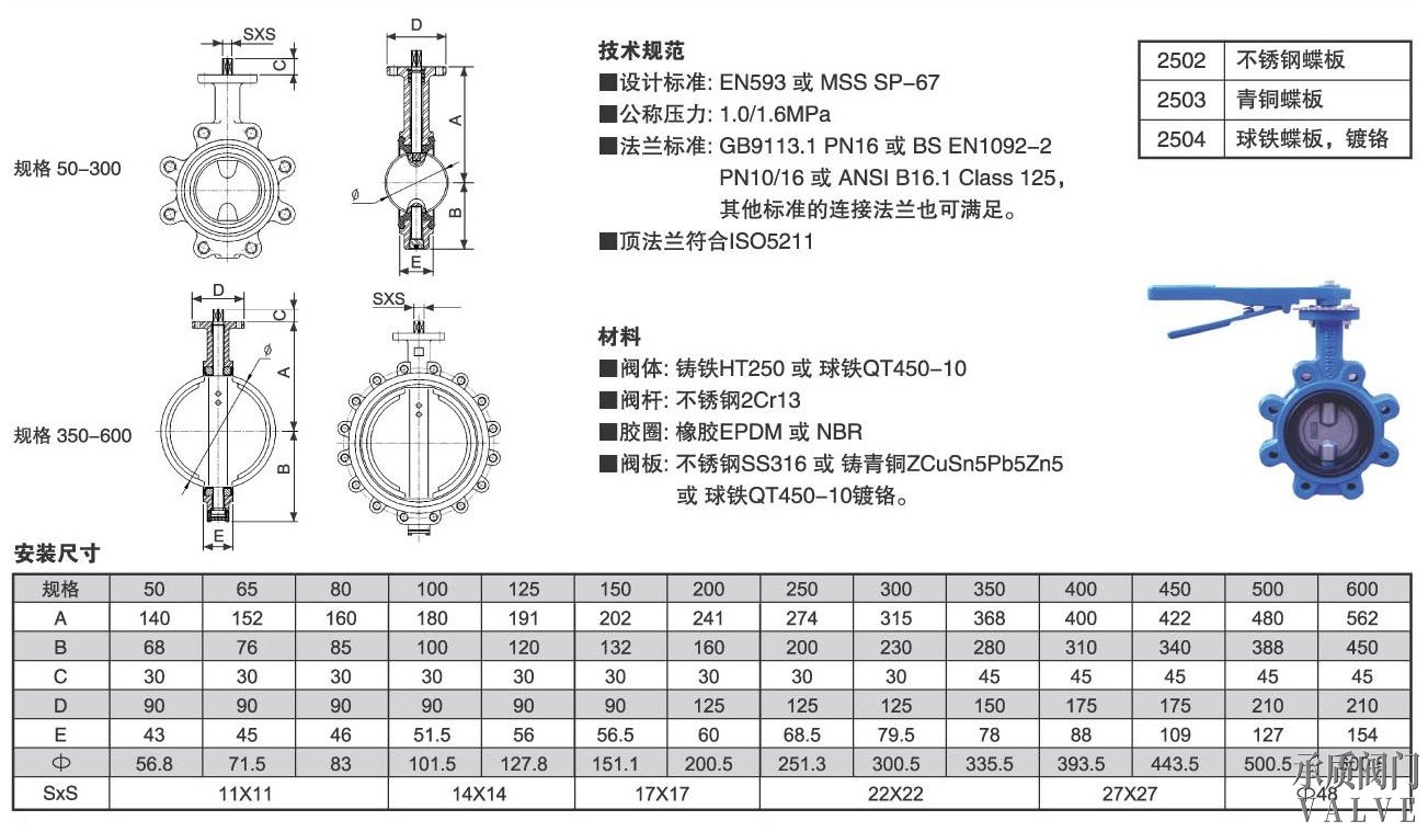 D371X凸耳對夾蝶閥外形結構尺寸圖